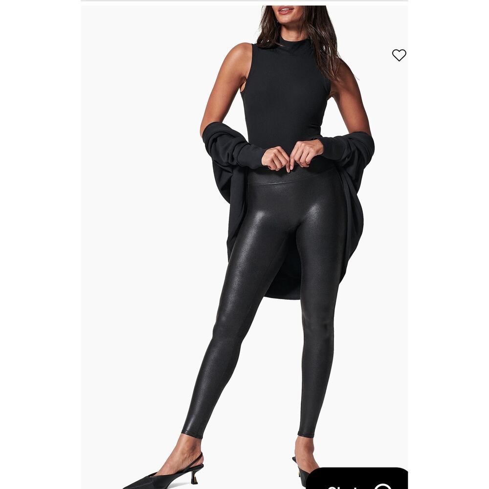 SPANX Faux Leather Leggings Black High Rise Shaping Pants Medium Pristine